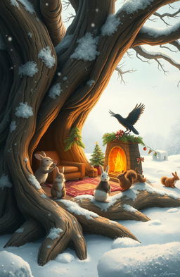 A whimsical winter landscape featuring a large oak tree with massive roots, where a brown mouse, two white rabbits, a brown hedgehog, a crow, and a squirrel reside