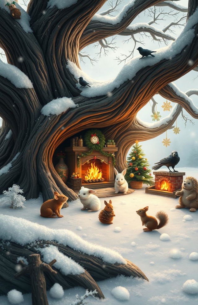 A whimsical winter landscape featuring a large oak tree with massive roots, where a brown mouse, two white rabbits, a brown hedgehog, a crow, and a squirrel reside