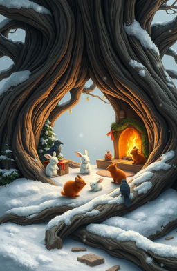 A whimsical winter landscape featuring a large oak tree with massive roots, where a brown mouse, two white rabbits, a brown hedgehog, a crow, and a squirrel reside