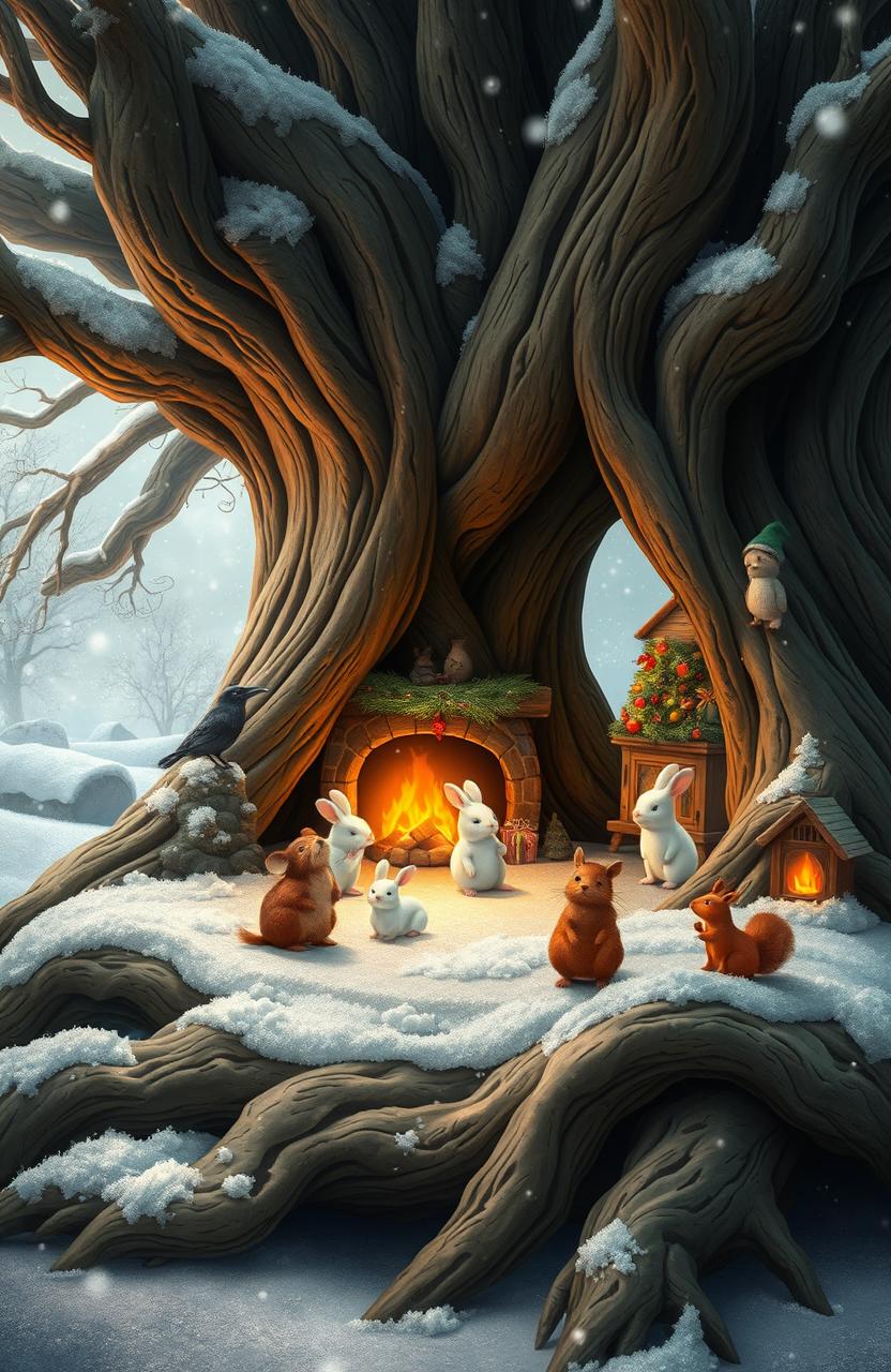 A whimsical winter landscape featuring a large oak tree with massive roots, where a brown mouse, two white rabbits, a brown hedgehog, a crow, and a squirrel reside