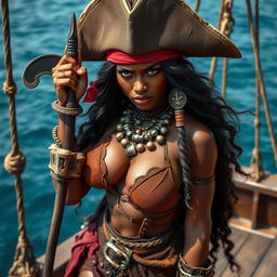 A fierce Somali female pirate, showcasing an angry expression and intense gaze