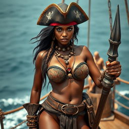 A fierce Somali female pirate, showcasing an angry expression and intense gaze