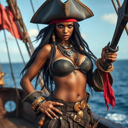 A fierce Somali female pirate, showcasing an angry expression and intense gaze