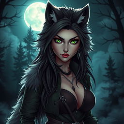 A striking female werewolf with vibrant green eyes, embodying a confident and fearless demeanor, stands under the glowing moonlight