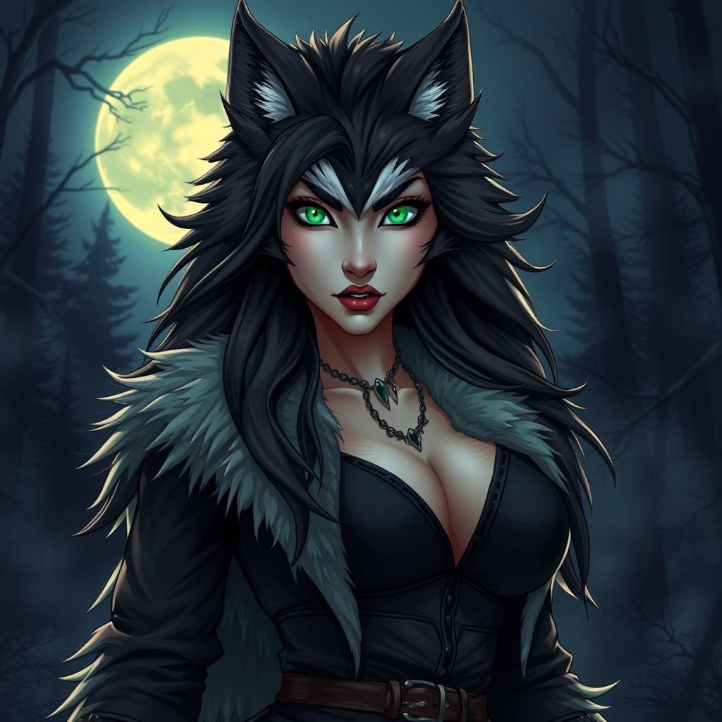 A striking female werewolf with vibrant green eyes, embodying a confident and fearless demeanor, stands under the glowing moonlight