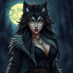 A striking female werewolf with vibrant green eyes, embodying a confident and fearless demeanor, stands under the glowing moonlight