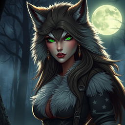 A striking female werewolf with vibrant green eyes, embodying a confident and fearless demeanor, stands under the glowing moonlight