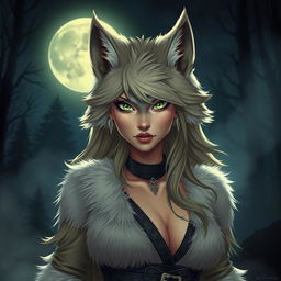 A striking female werewolf with vibrant green eyes, embodying a confident and fearless demeanor, stands under the glowing moonlight
