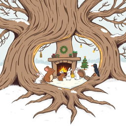 A delightful sketch-style depiction of a winter landscape showcasing a large oak tree with expansive roots