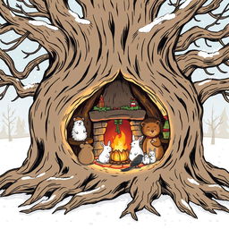 A delightful sketch-style depiction of a winter landscape showcasing a large oak tree with expansive roots