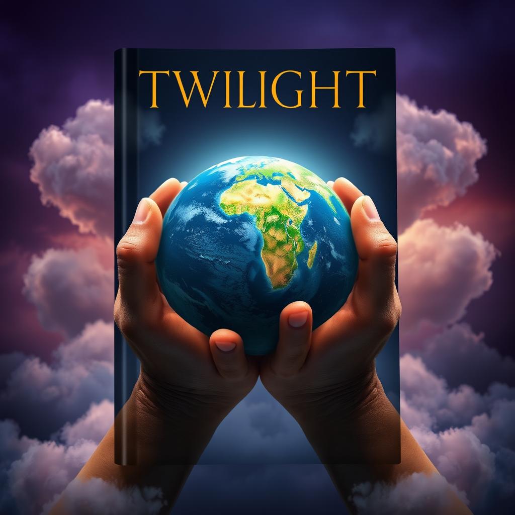 A captivating book cover design featuring two hands gently cradling the Earth, resembling the style of the Twilight series cover