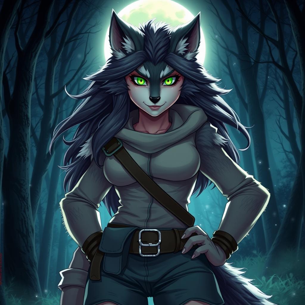 A fierce and confident female werewolf with vibrant green eyes standing boldly in the moonlit night