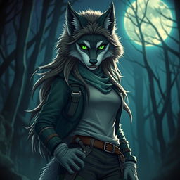 A fierce and confident female werewolf with vibrant green eyes standing boldly in the moonlit night