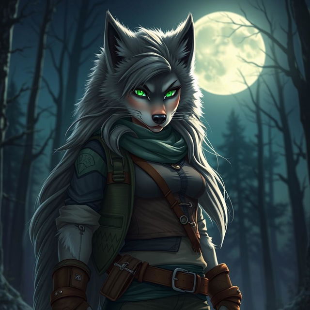 A fierce and confident female werewolf with vibrant green eyes standing boldly in the moonlit night