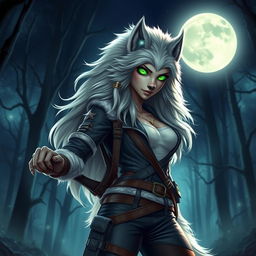 A fierce and confident female werewolf with vibrant green eyes standing boldly in the moonlit night