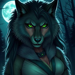 A fierce and enchanting female werewolf with vibrant green eyes, showcasing her fearless personality as she stands confidently under the moonlit sky