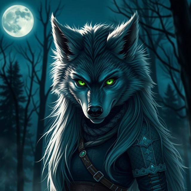 A fierce and enchanting female werewolf with vibrant green eyes, showcasing her fearless personality as she stands confidently under the moonlit sky