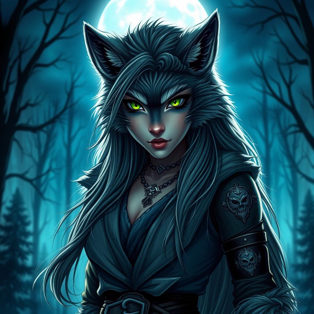 A fierce and enchanting female werewolf with vibrant green eyes, showcasing her fearless personality as she stands confidently under the moonlit sky