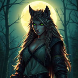 A fierce and enchanting female werewolf with vibrant green eyes, showcasing her fearless personality as she stands confidently under the moonlit sky