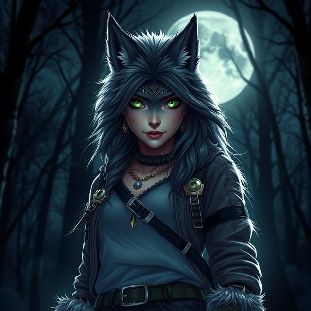 A captivating female werewolf with striking green eyes, exuding fearlessness as she stands confidently under the full moon