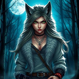 A captivating female werewolf with striking green eyes, exuding fearlessness as she stands confidently under the full moon