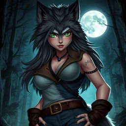 A captivating female werewolf with striking green eyes, exuding fearlessness as she stands confidently under the full moon