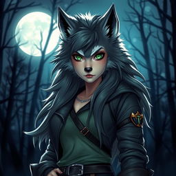 A captivating female werewolf with striking green eyes, exuding fearlessness as she stands confidently under the full moon