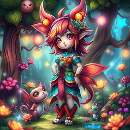 A fantastical scene featuring an enchanting futanari character with vibrant hair and adorned in colorful attire, standing confidently in a lush, magical forest setting full of whimsical plants and sparkling lights