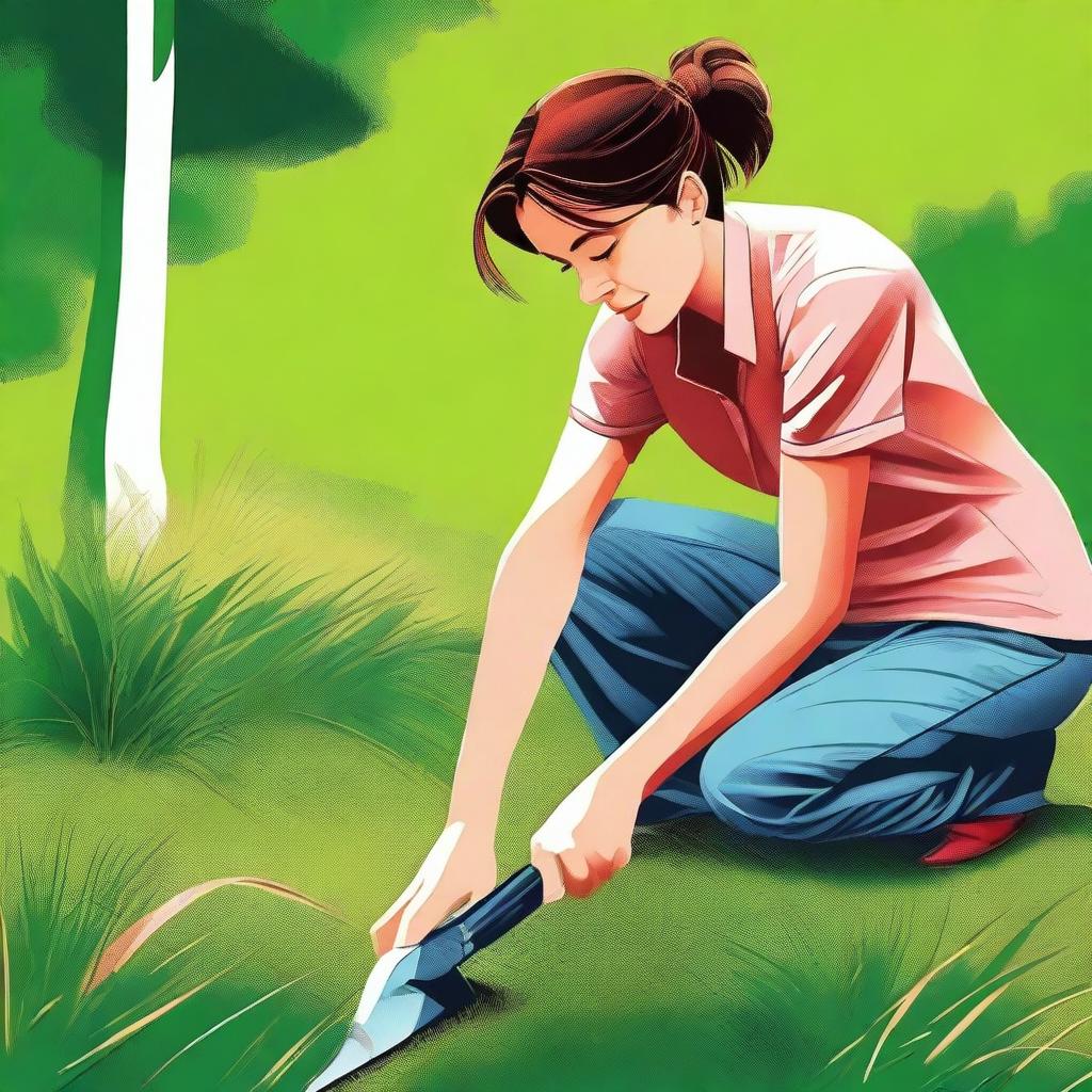 A high-quality digital art illustration depicts a woman diligently cutting grass in her backyard