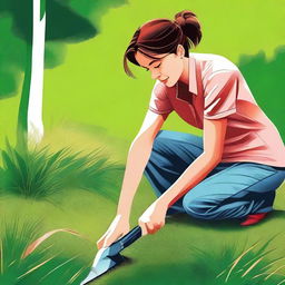 A high-quality digital art illustration depicts a woman diligently cutting grass in her backyard