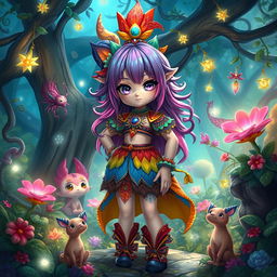 A fantastical scene featuring an enchanting futanari character with vibrant hair and adorned in colorful attire, standing confidently in a lush, magical forest setting full of whimsical plants and sparkling lights