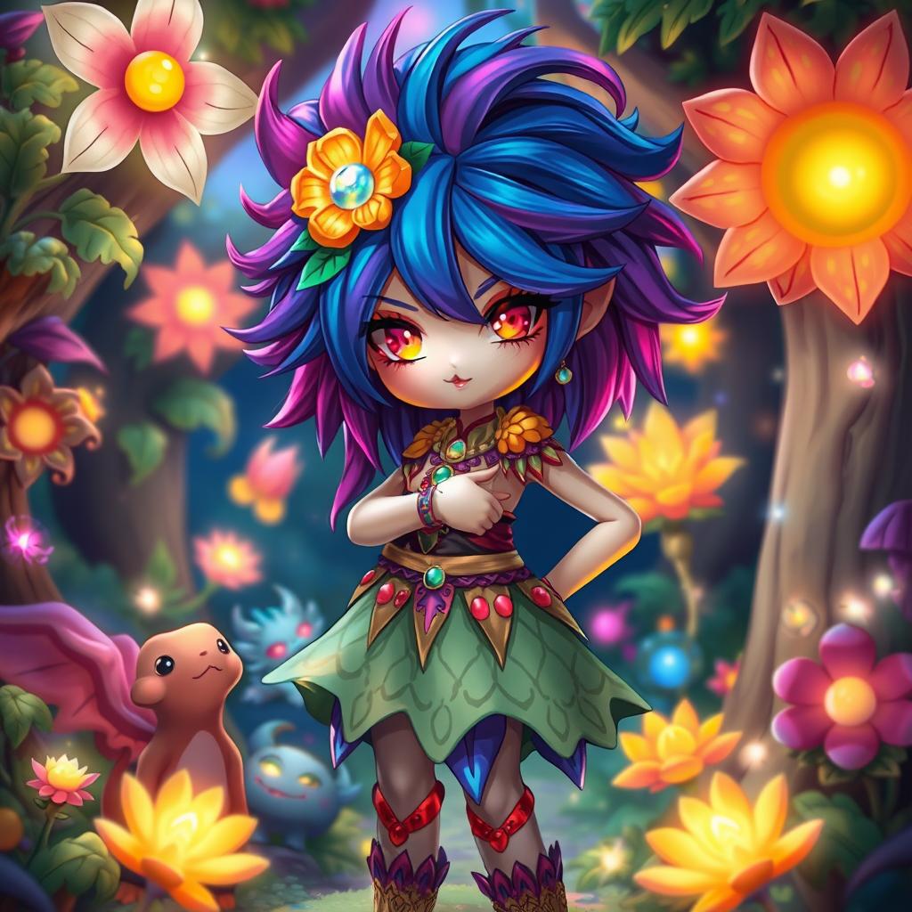 A fantastical scene featuring an enchanting futanari character with vibrant hair and adorned in colorful attire, standing confidently in a lush, magical forest setting full of whimsical plants and sparkling lights