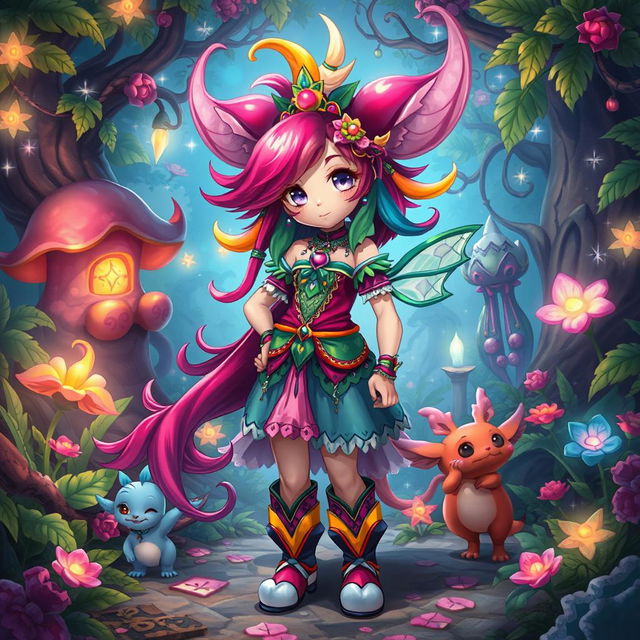 A fantastical scene featuring an enchanting futanari character with vibrant hair and adorned in colorful attire, standing confidently in a lush, magical forest setting full of whimsical plants and sparkling lights