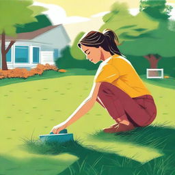 A high-quality digital art illustration depicts a woman diligently cutting grass in her backyard