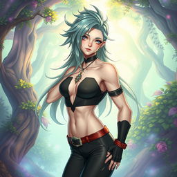 A character with feminine features and masculine attributes, showcasing an androgynous beauty
