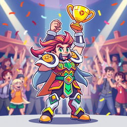 A vibrant pixel art character design of a heroic winner in a retro-style video game