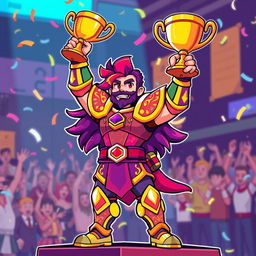 A vibrant pixel art character design of a heroic winner in a retro-style video game