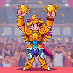 A vibrant pixel art character design of a heroic winner in a retro-style video game