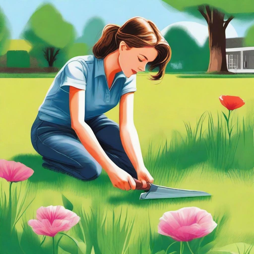 A high-quality digital art illustration depicts a woman diligently cutting grass in her backyard