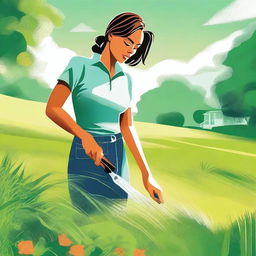 A high-quality digital art illustration depicts a woman diligently cutting grass in her backyard