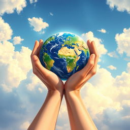 A stunning book cover illustration featuring hands delicately holding Planet Earth, surrounded by soft, fluffy clouds