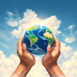 A stunning book cover illustration featuring hands delicately holding Planet Earth, surrounded by soft, fluffy clouds