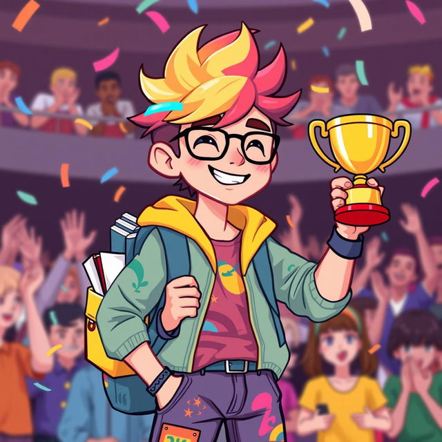 A vibrant pixel art character design of a gender-neutral student winner, suitable for a retro-style video game