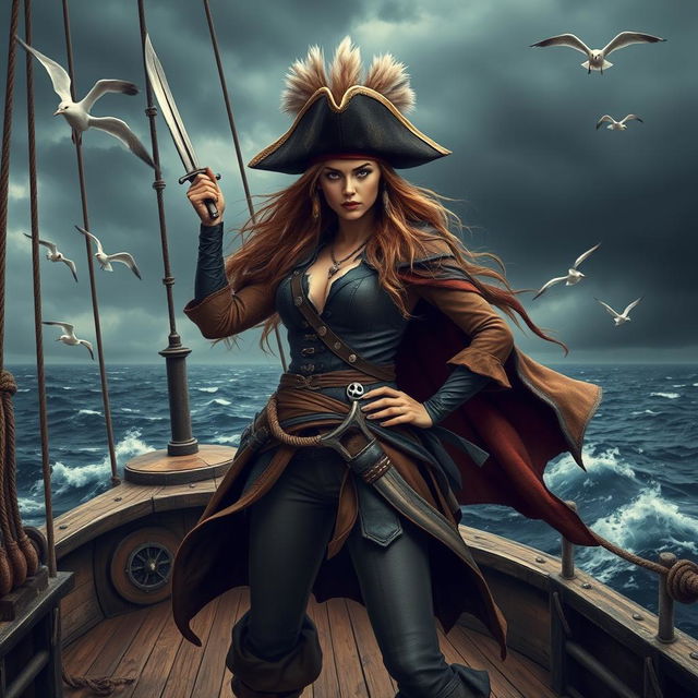 A fierce female pirate standing on the deck of a ship, with a dramatic ocean backdrop