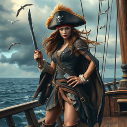 A fierce female pirate standing on the deck of a ship, with a dramatic ocean backdrop