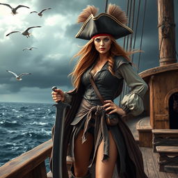 A fierce female pirate standing on the deck of a ship, with a dramatic ocean backdrop
