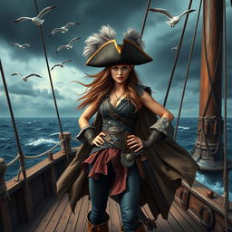 A fierce female pirate standing on the deck of a ship, with a dramatic ocean backdrop