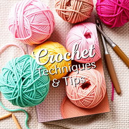 A beautifully designed ebook cover for 'Crochet Techniques & Tips,' featuring a cozy and creative theme