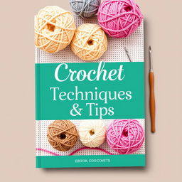 A beautifully designed ebook cover for 'Crochet Techniques & Tips,' featuring a cozy and creative theme