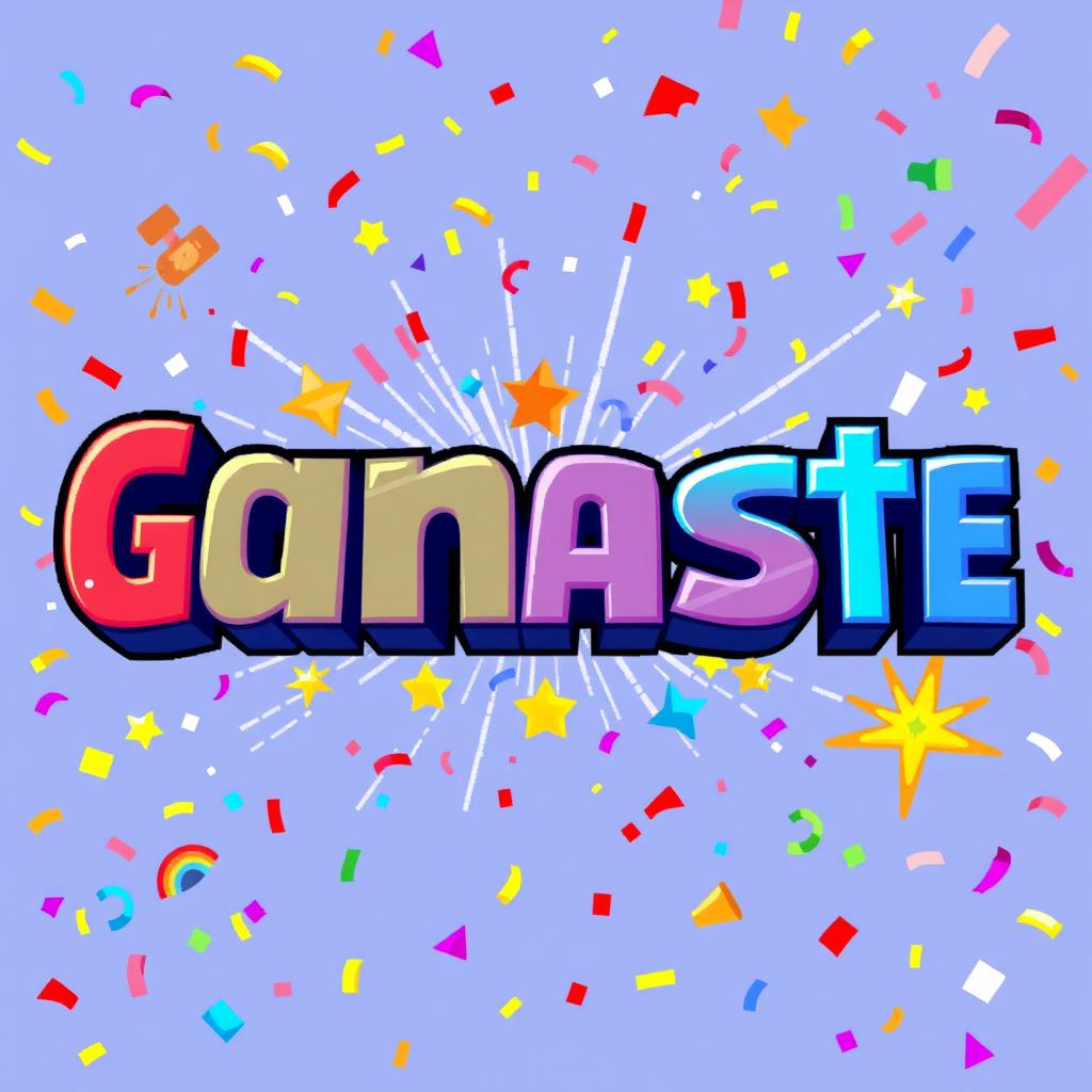 A colorful pixel art background featuring the big bold text "Ganaste" prominently displayed in a fun, playful font